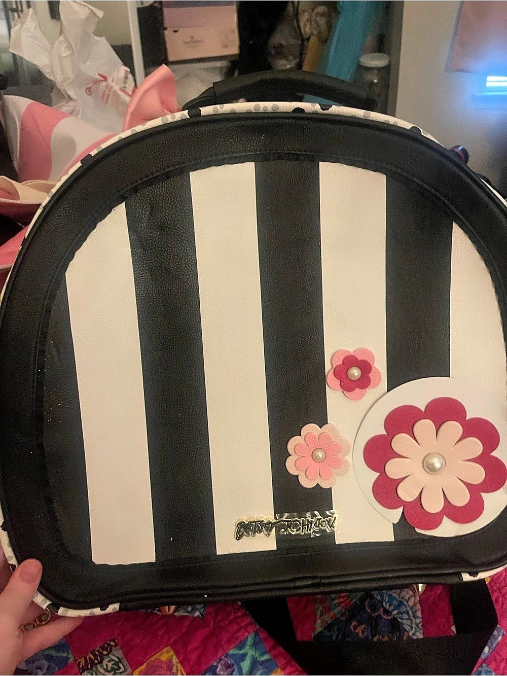 Betsey Johnson Stripe Roses Train Case Striped Tote Black & White
